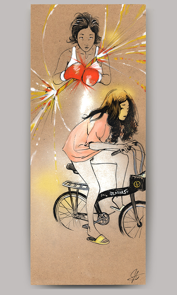 An acrylic painting on wood panel, titled '100 Yen Love', showing two versions of a young woman. At the top of the painting she is waering boxing gloves confidently holding roman candles firing off, and the bottom she is hunched over on a bicycle without pants looking towards the viewer.