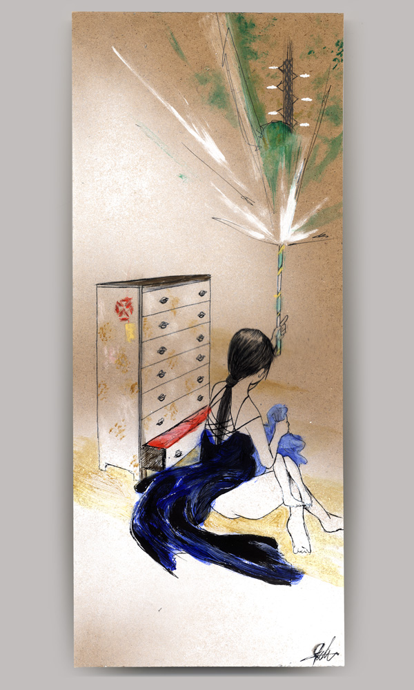 An acrylic painting on wood panel, titled 'Antenna', showing the back of a young woman wearing a deep blue dress sitting on a tatami floor with a dresser next to her. She holds up a lit roman candle that reveals the foggy image of an antenna tower while a child lies in her lap.