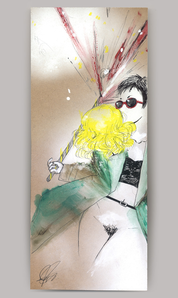 An acrylic painting on wood panel, titled 'Chungking Express', of a young woman with short black hair who is wearing sunglasses, a blonde wig that has slipped off and a green trenchcoat. Her jacket is open, exposing her body, and the roman candle she holds shoots off.