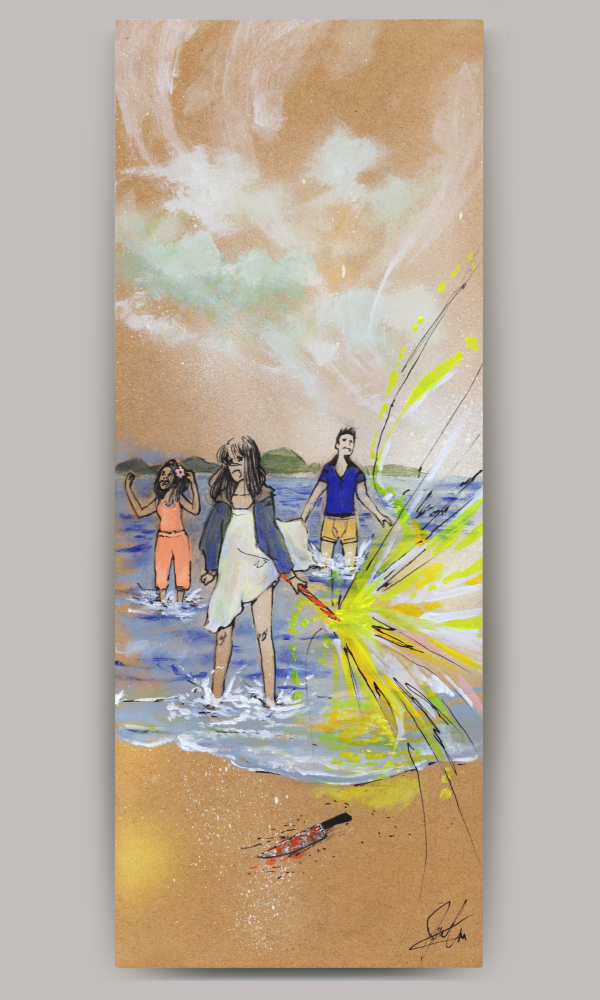 An acrylic painting on wood panel, titled 'Ikari', of a pantless three figures standing in the ocean waves, facing a beach. The center front-most figure is a young girl hold a lit roman candle while screaming. A bloody knife lies in front of them on the beach.